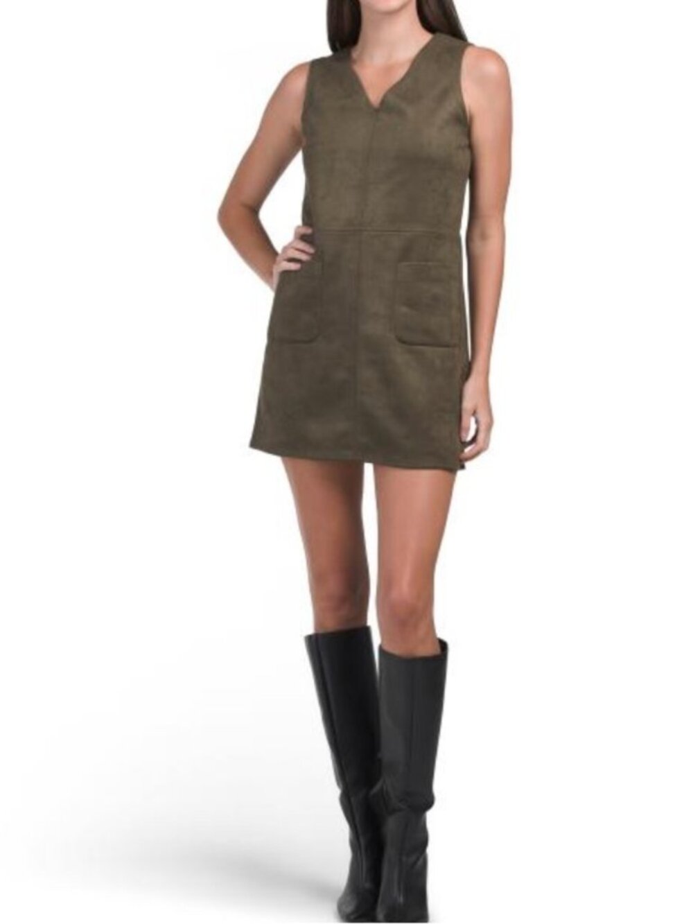 Max Studio Sleeveless Suede Shift Dress in Olive